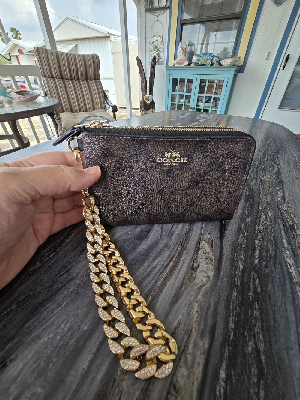 Coach Brown Signature Canvas Double Zip Wristlet with Gold & Glitter Chain Strap